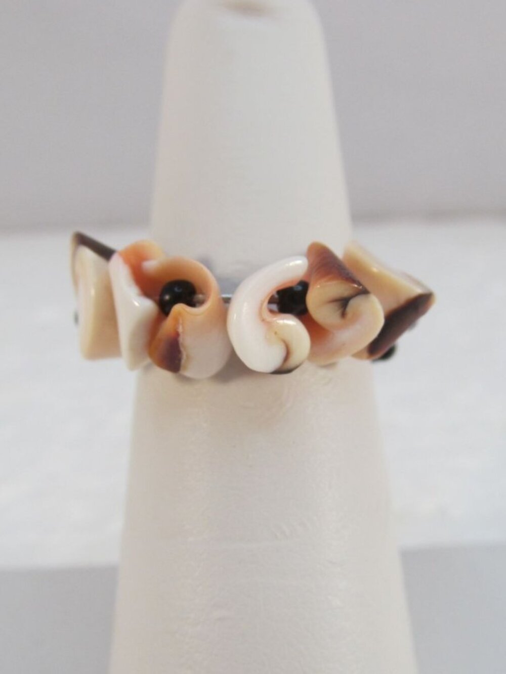 Handcrafted Black Beaded Adjustable Ring with Natural Shell Accents Size 6 to 9